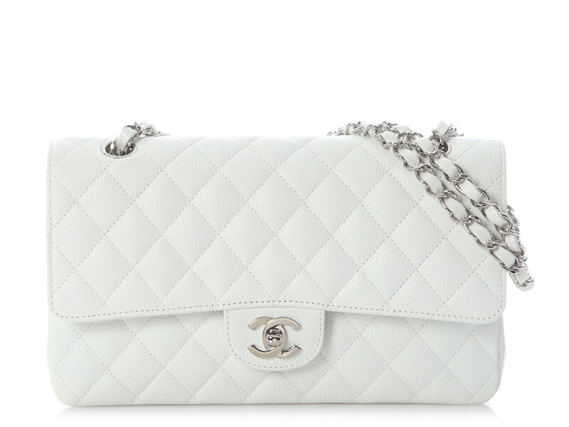 White Quilted Caviar Medium Classic Double Flap Bag Silver Hardware, 2006-2008