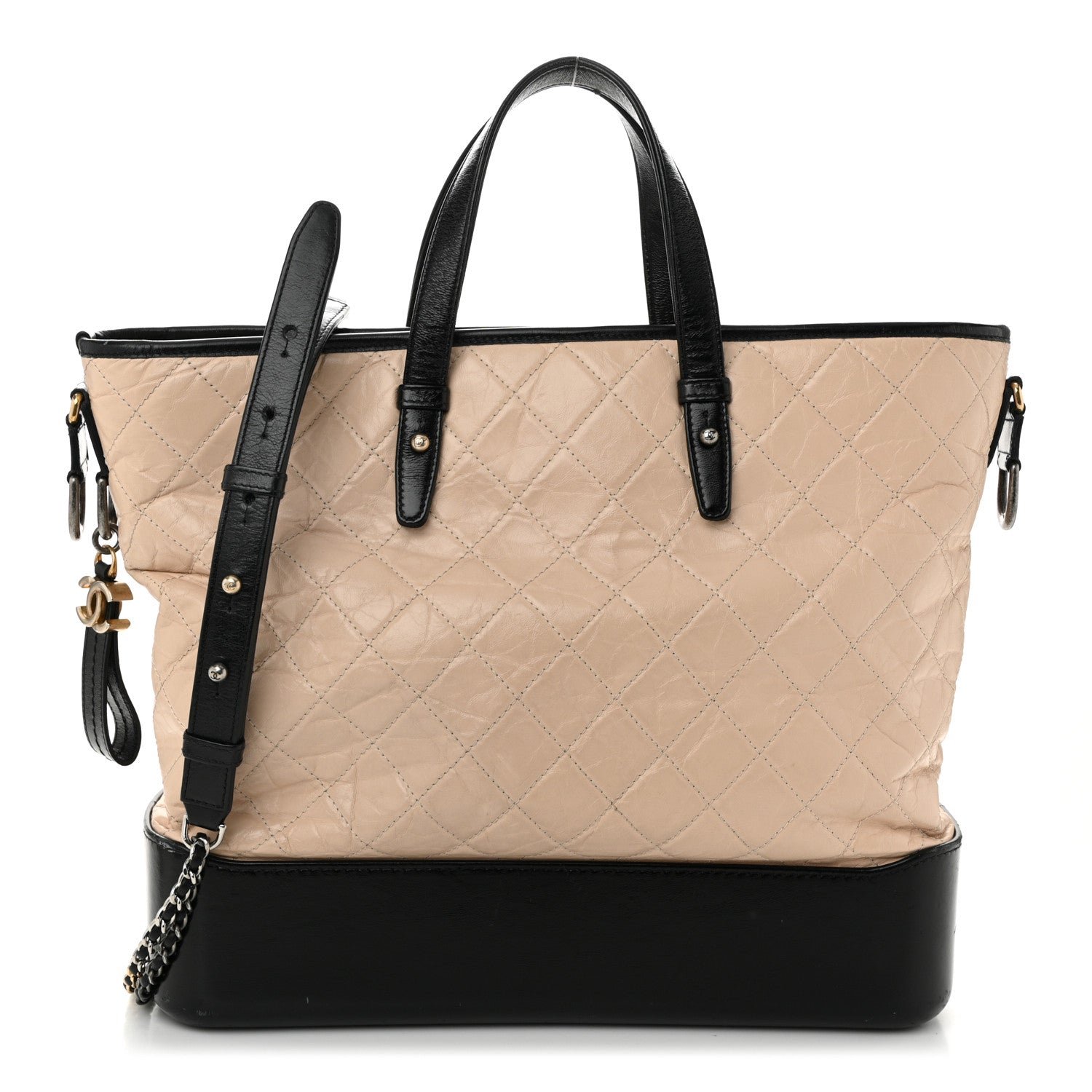 Chanel Aged Calfskin Quilted Large Gabrielle Shopping Tote Beige Black