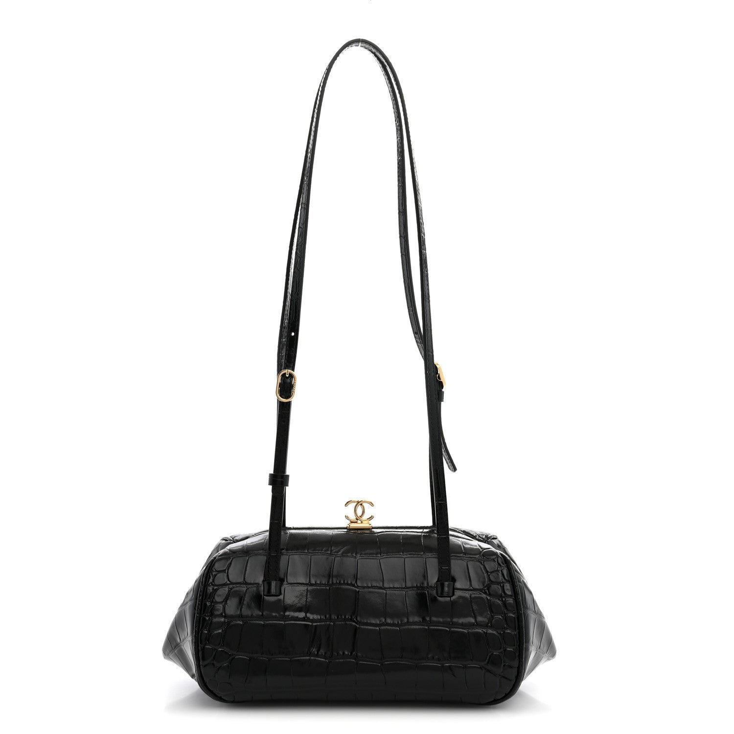 Chanel Calfskin Crocodile Embossed Pretty CC Clutch With Strap Black