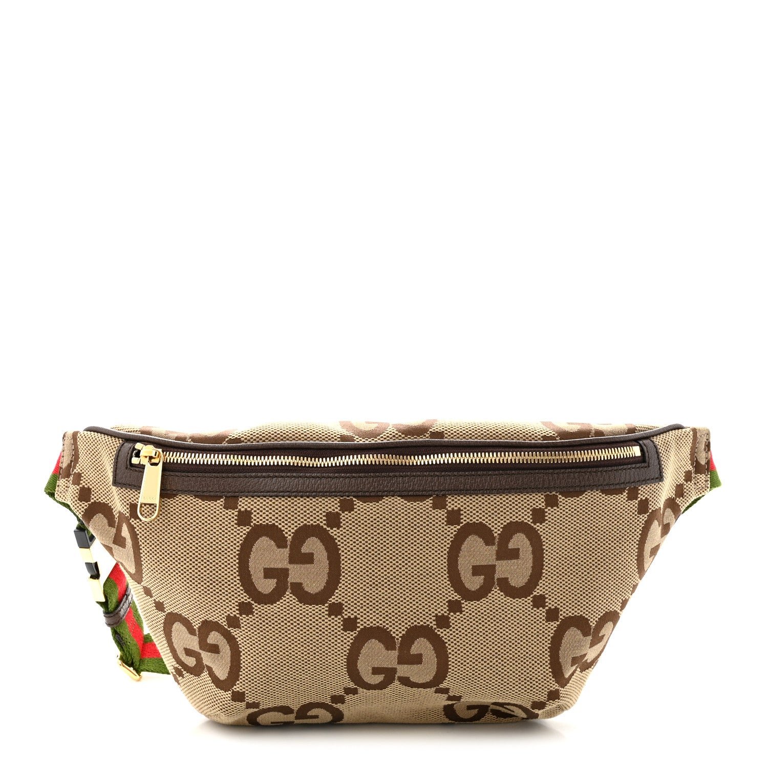 Gucci Monogram Jumbo GG Textured Dollar Calfskin Web Belt Bag Camel Ebony New Acero
