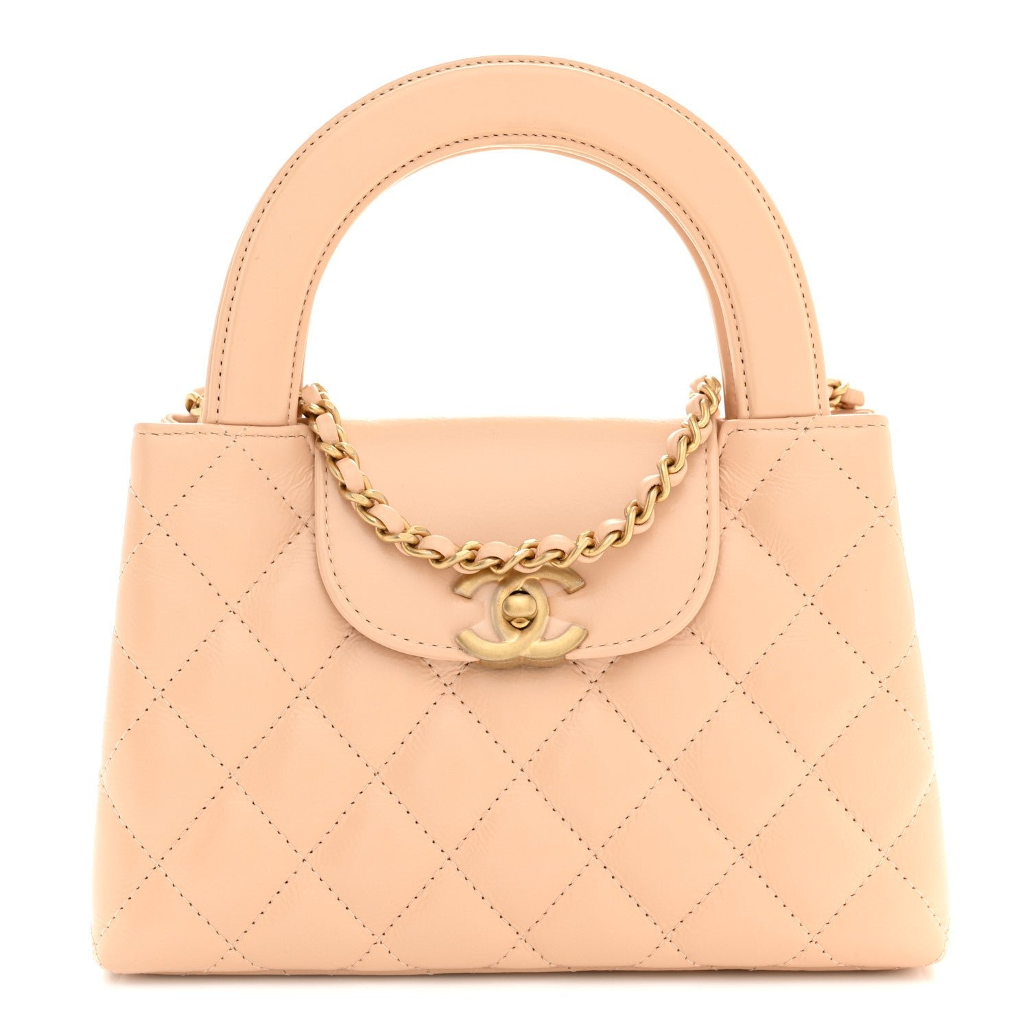 Chanel Shiny Aged Calfskin Quilted Nano Kelly Shopper Beige
