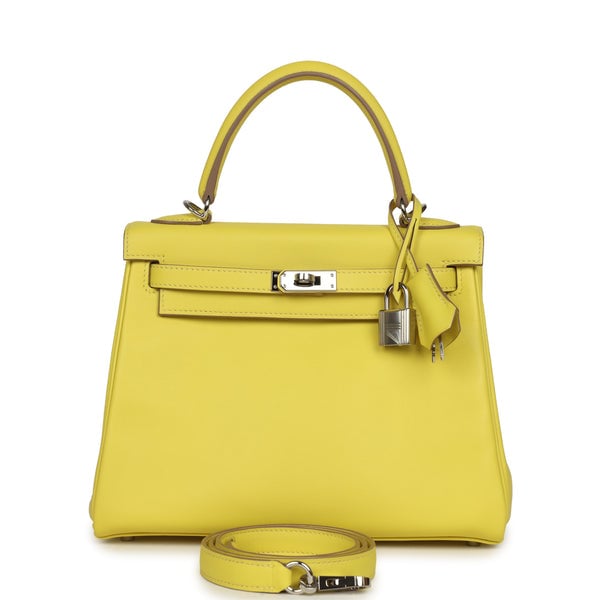 Pre-owned Hermes Kelly Retourne 25 Lime Swift Palladium Hardware