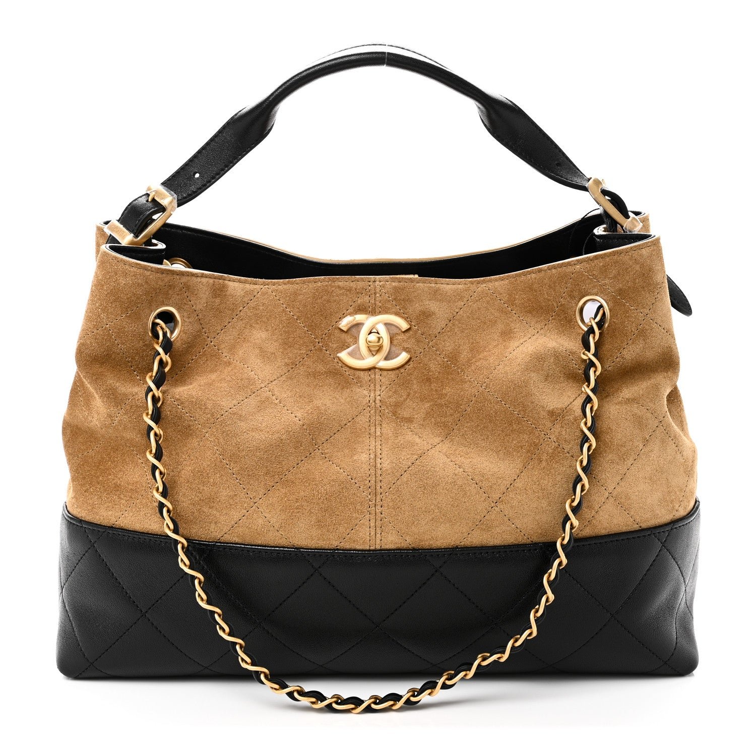 Chanel Suede Calfskin Shiny Lambskin Quilted Small Coco Base Shopping Bag Beige Black