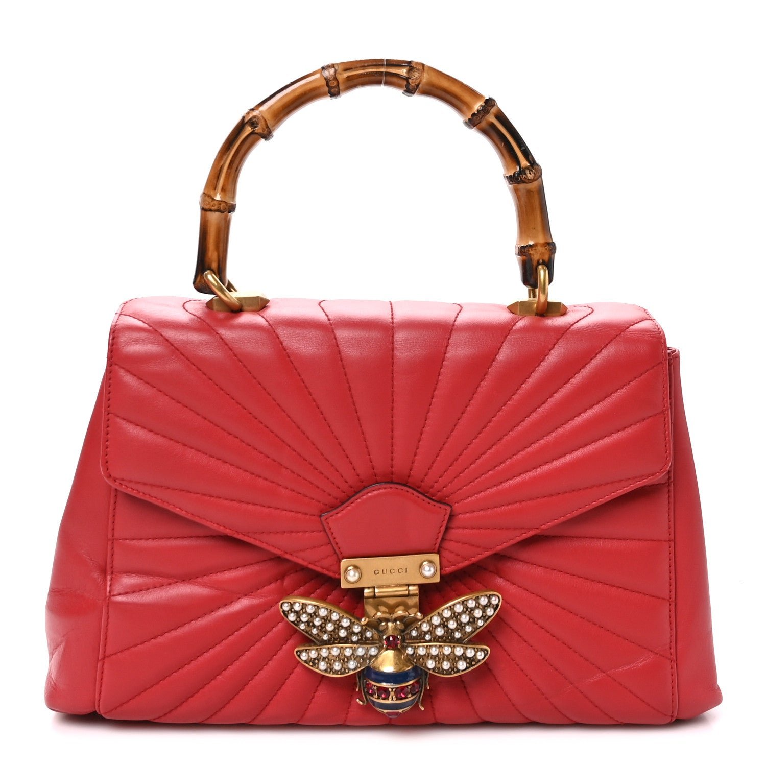 Gucci Calfskin Bamboo Trapuntata Queen Margaret Top Handle Bag Hibiscus Red