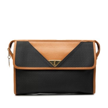 Calf Leather Trimmed Coated Canvas Clutch