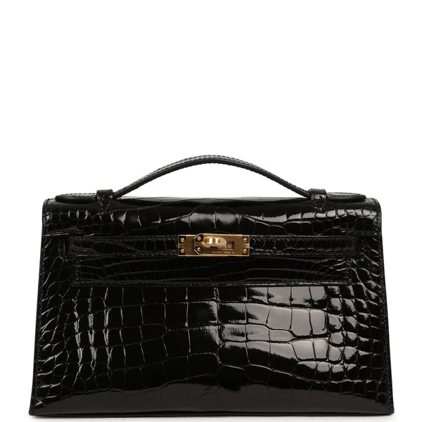Hermes Special Order (HSS) Kelly Pochette Black Verso Shiny Alligator Gold Hardware