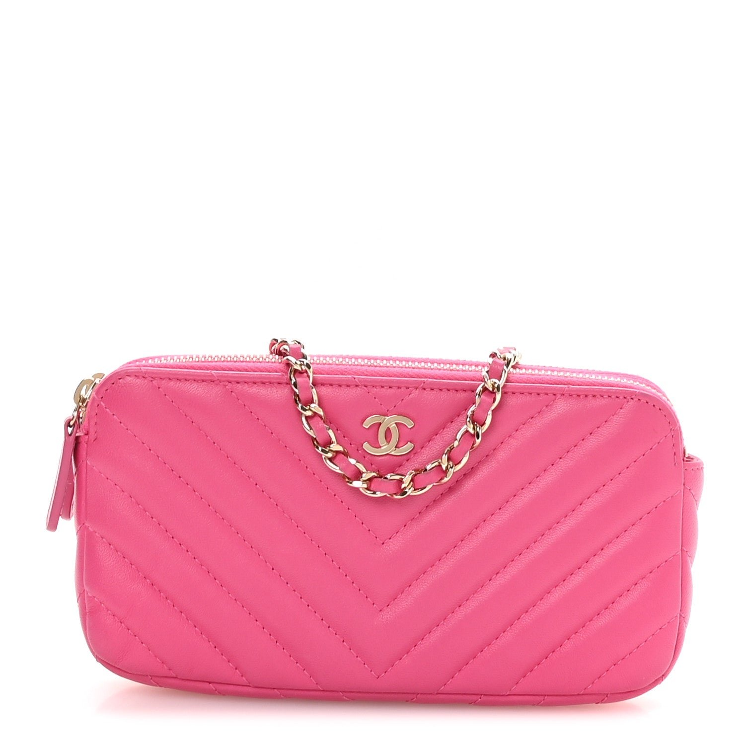 Chanel Lambskin Chevron Quilted Small Clutch With Chain Pink