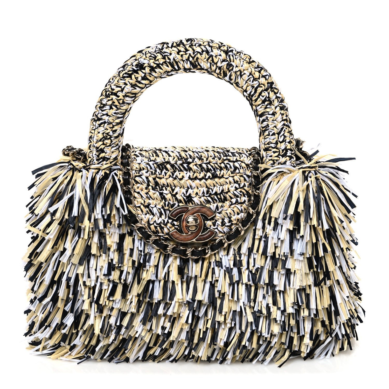 Chanel Raffia Fringe Nano Kelly Shopper Yellow Black White