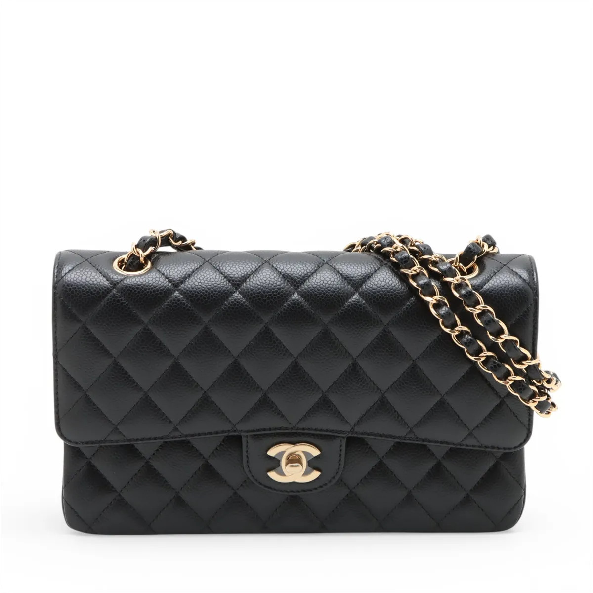 Chanel Matelasse 25 Caviar Skin Double Flap Double Chain Bag Black Gold Metal Fi