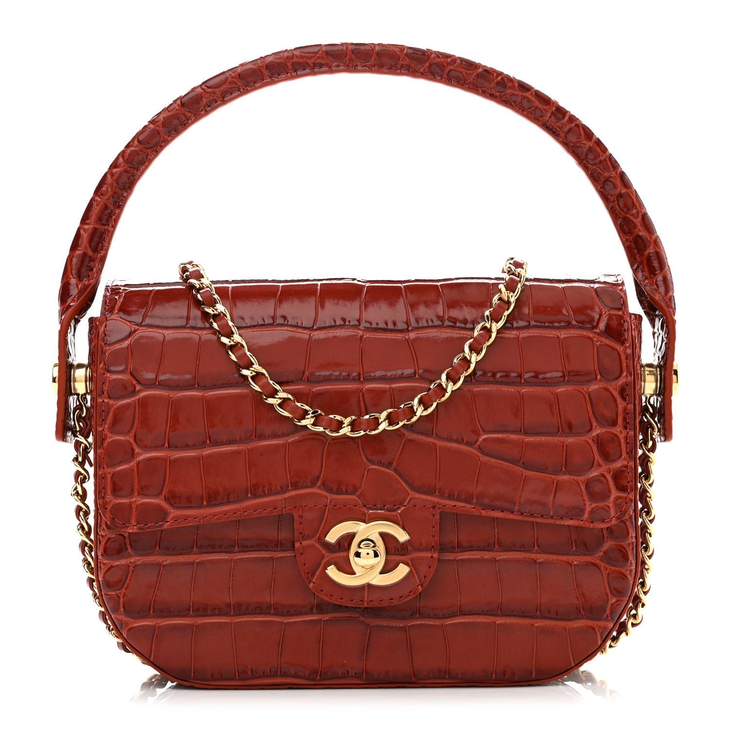 Chanel Calfskin Crocodile Embossed Turn Around Mini Flap Grey Burgundy