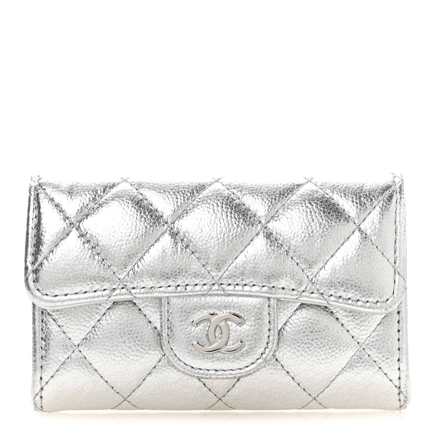 Chanel Metallic Caviar Quilted Flap Card Holder Wallet Silvery