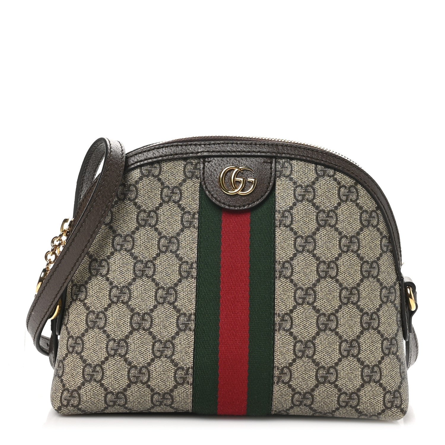 Gucci GG Supreme Monogram Textured Dollar Calfskin Web Small Ophidia Dome Shoulder Bag Beige Ebony New Acero