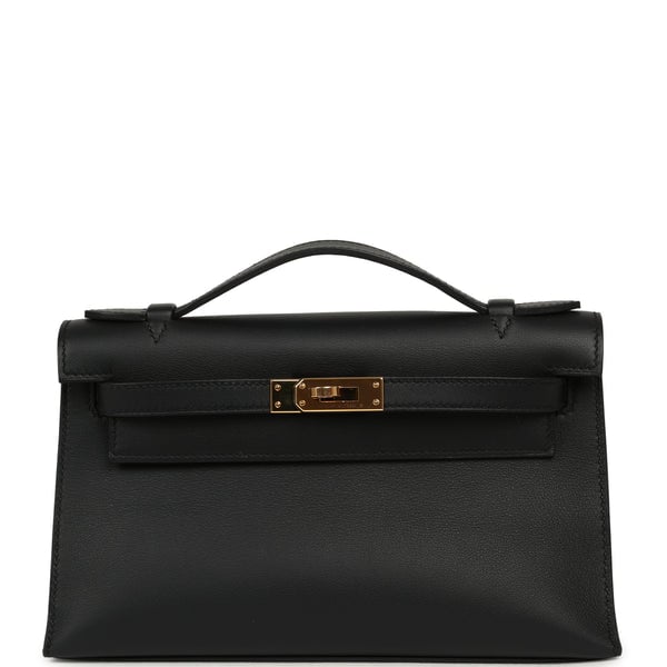 Pre-owned Hermes Kelly Pochette Black Swift Rose Gold Hardware