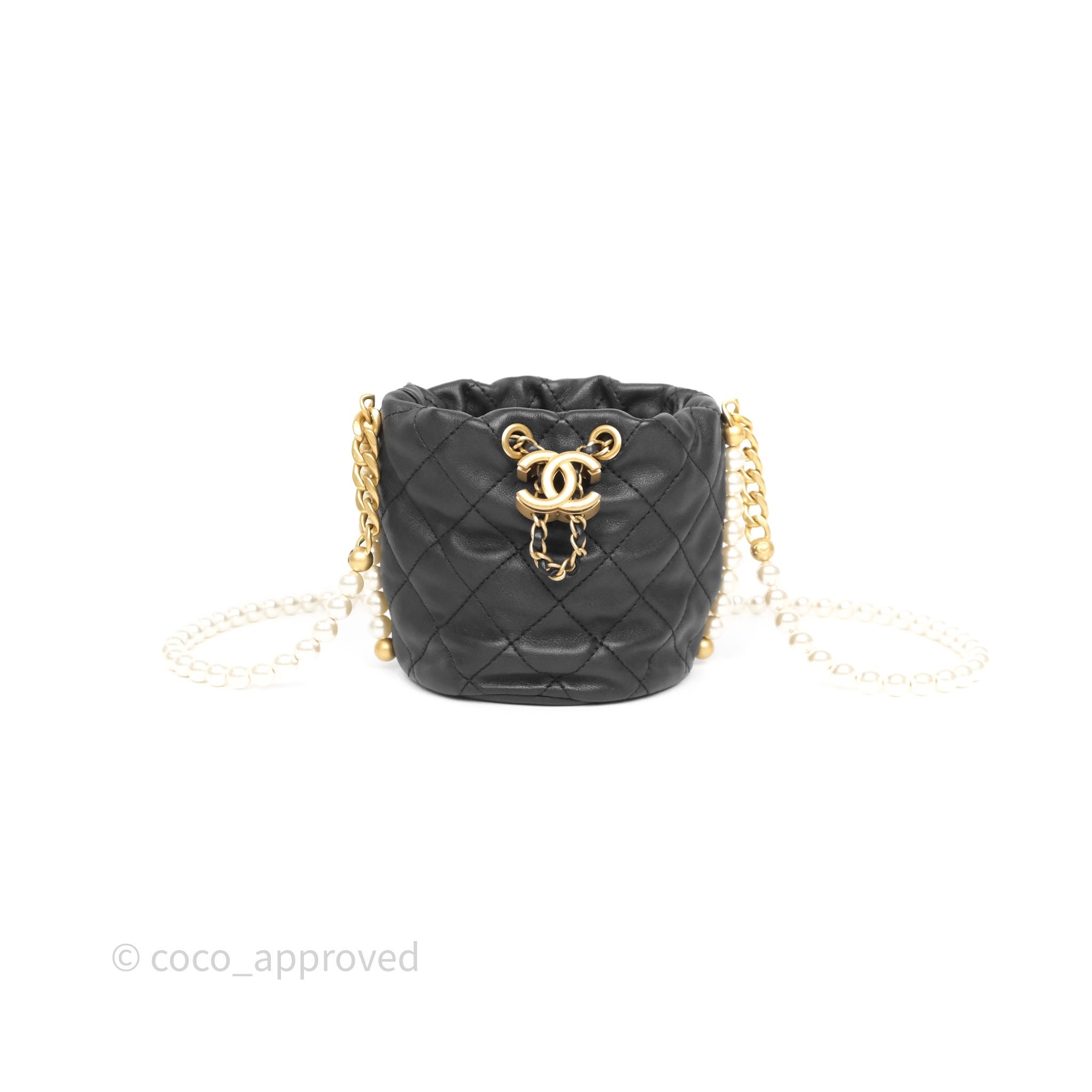 Chanel Quilted Pearl Mini About Pearls Drawstring Bucket Bag Black Calfskin