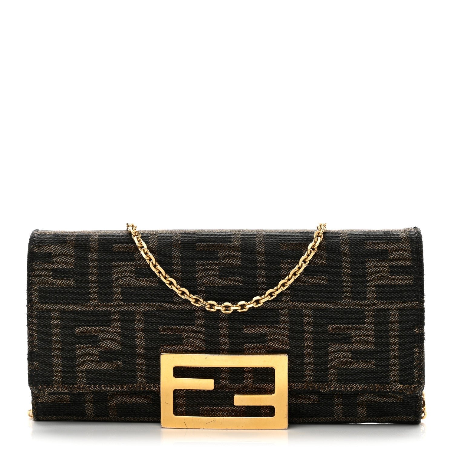 Fendi Fabric Jacquard FF 1974 Continental Wallet On Chain Tobacco Moro