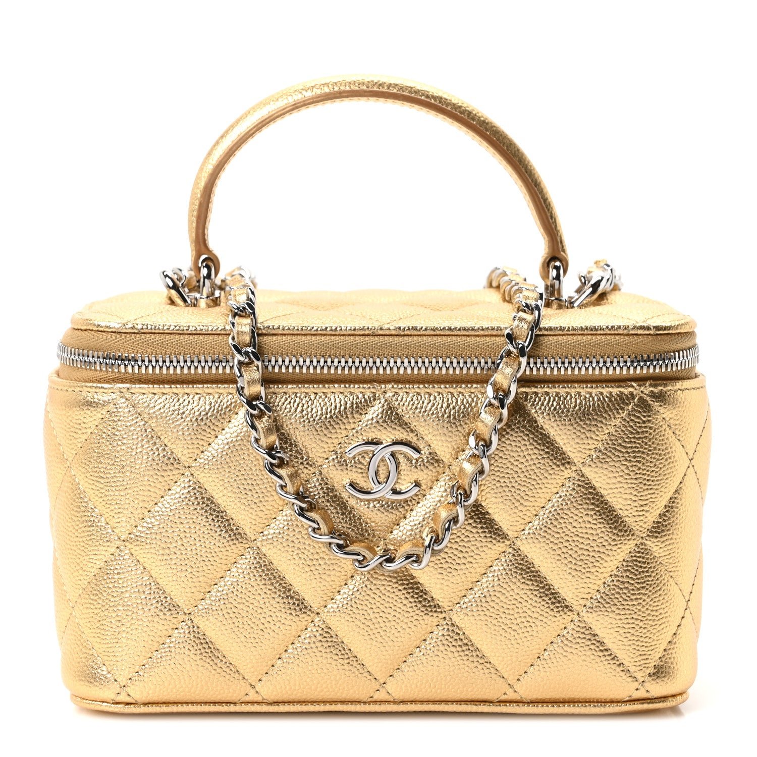 Chanel Metallic Caviar Quilted Small Top Handle Vanity Case With Chain Gold
