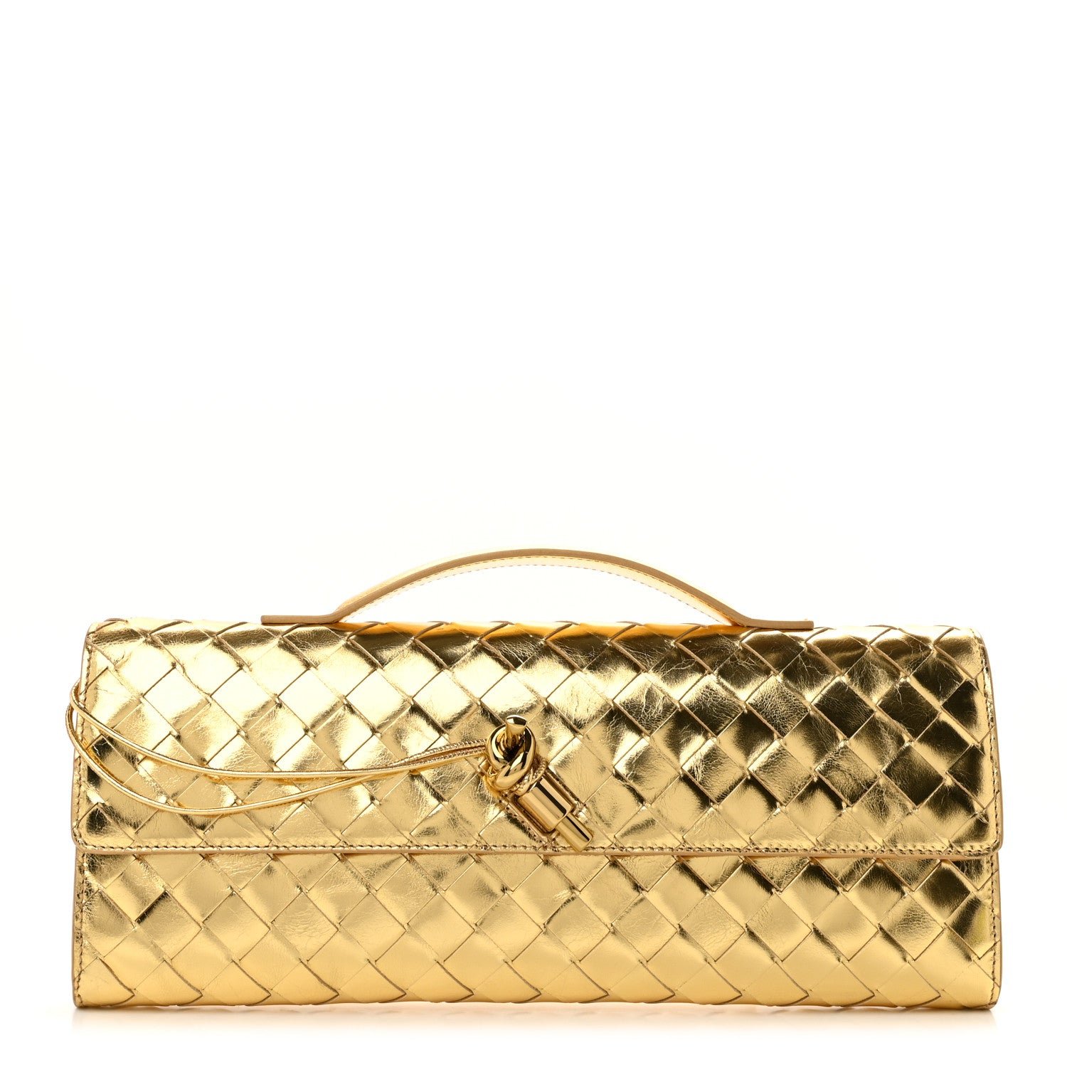 Bottega Veneta Metallic Lambskin Intrecciato Long Andiamo Top Handle Clutch Gold