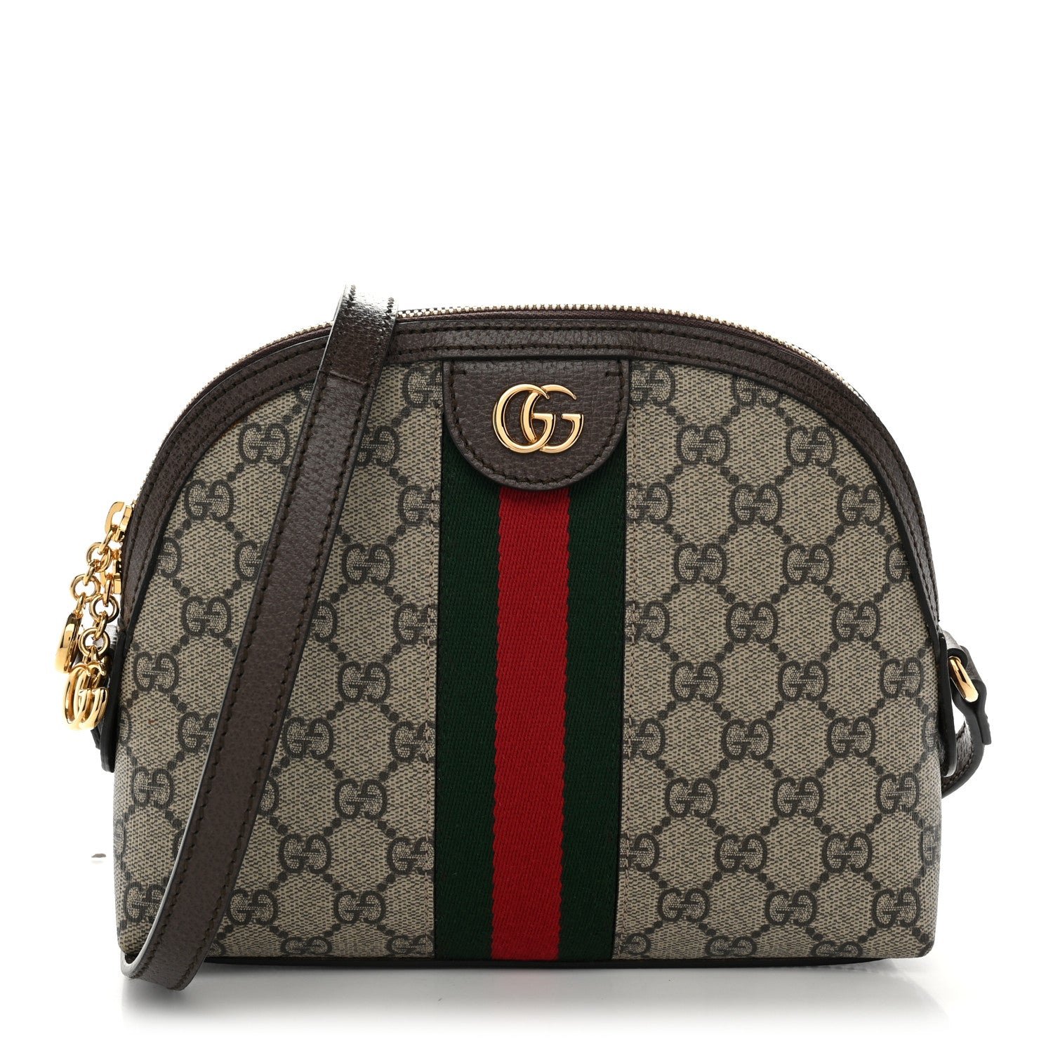 Gucci GG Supreme Monogram Textured Dollar Calfskin Web Small Ophidia Dome Shoulder Bag Beige Ebony New Acero