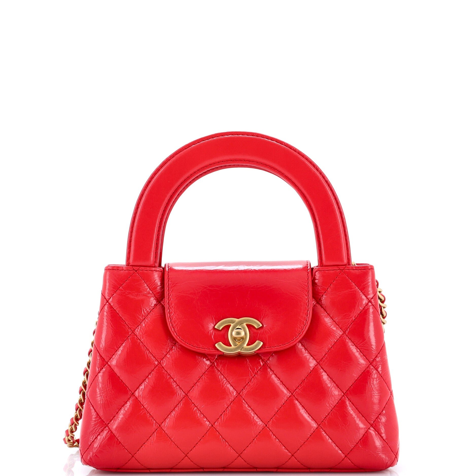 Chanel Kelly Top Handle Shopping Bag Quilted Shiny Aged Calfskin Mini