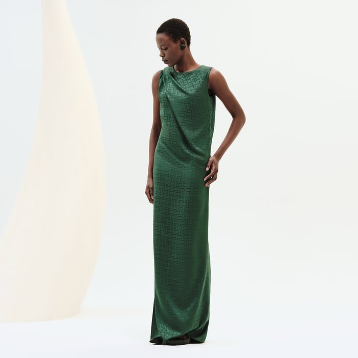 Vert Bouteille "Mosaique" Draped Long Dress