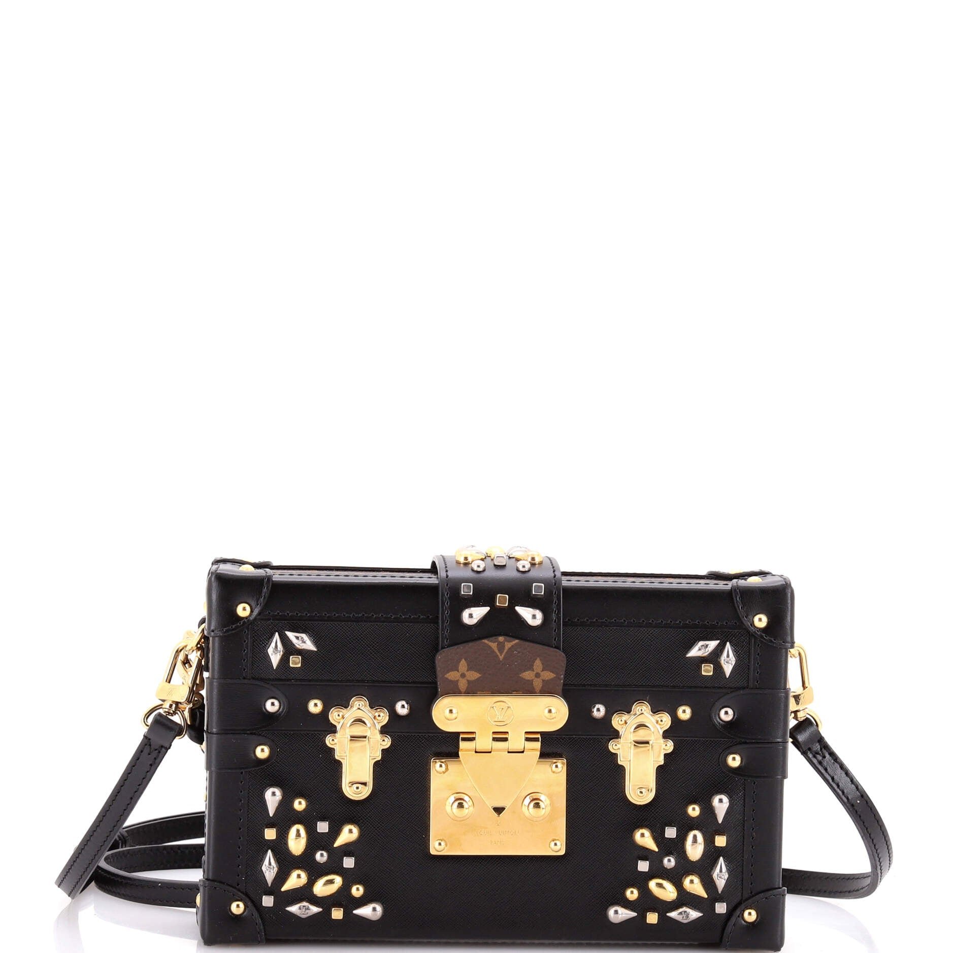 Louis Vuitton Petite Malle Handbag Studded Taiga Leather and Monogram Canvas