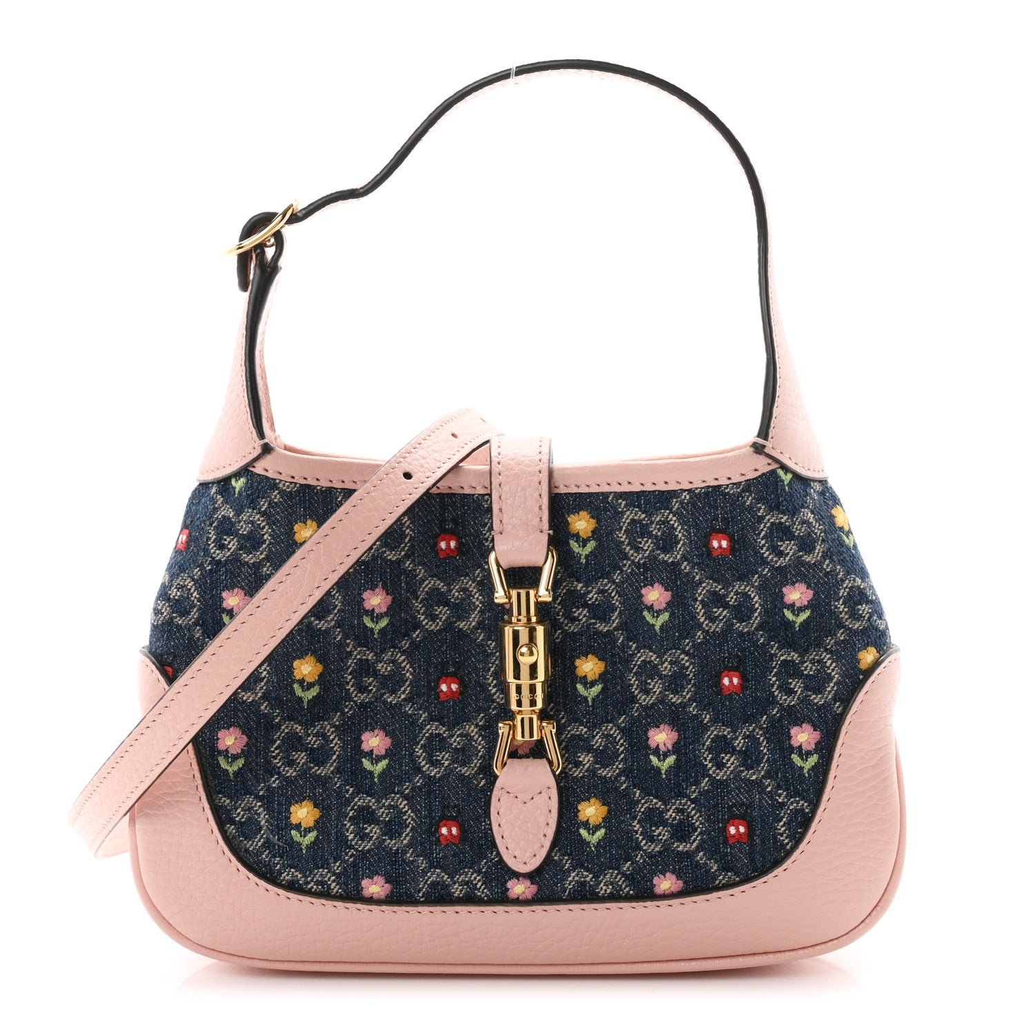 Gucci New Denim GG Monogram Calfskin Love Parade Mini Jackie 1961 Hobo Light Pink