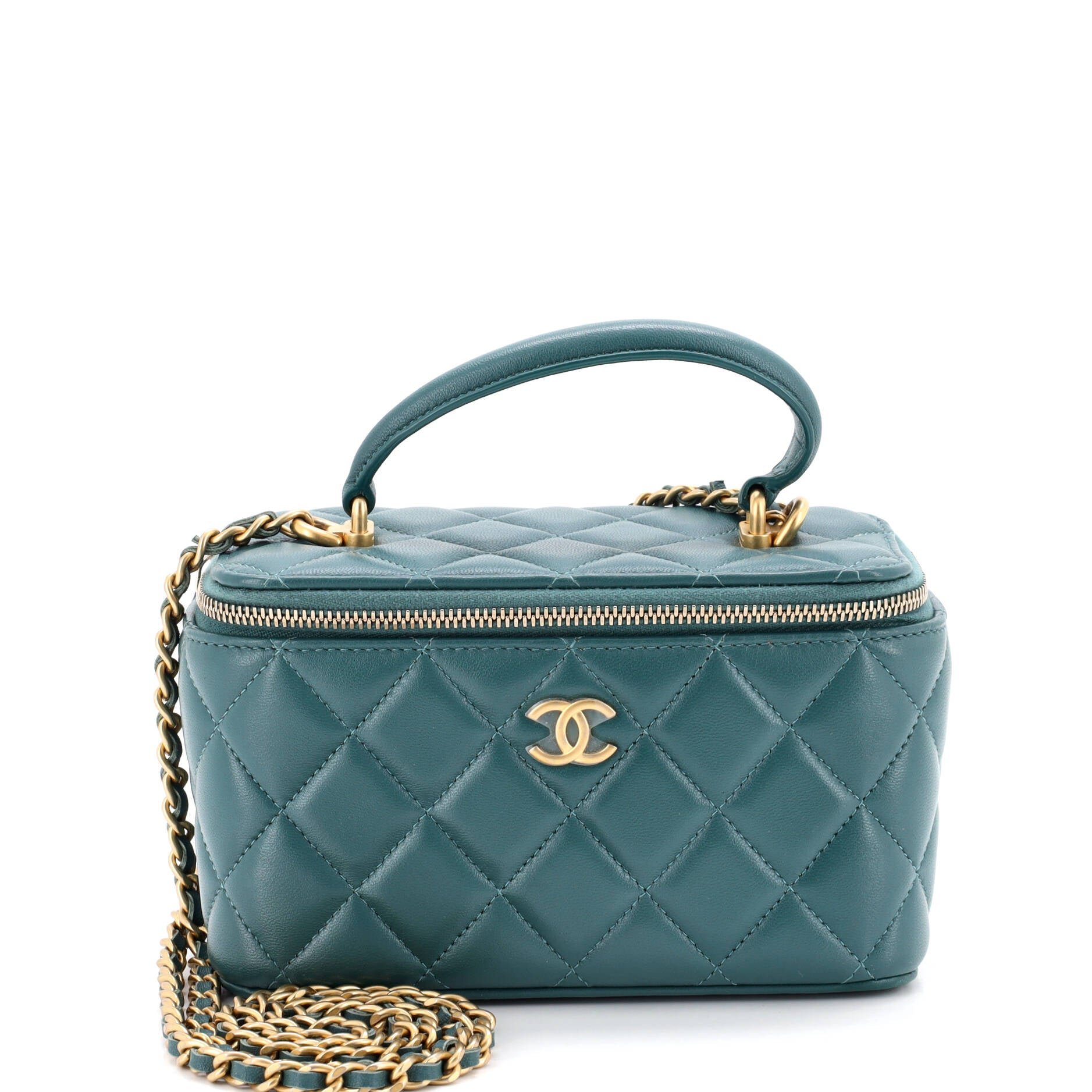 Classic Top Handle Vanity Case with Chain Quilted Lambskin Small