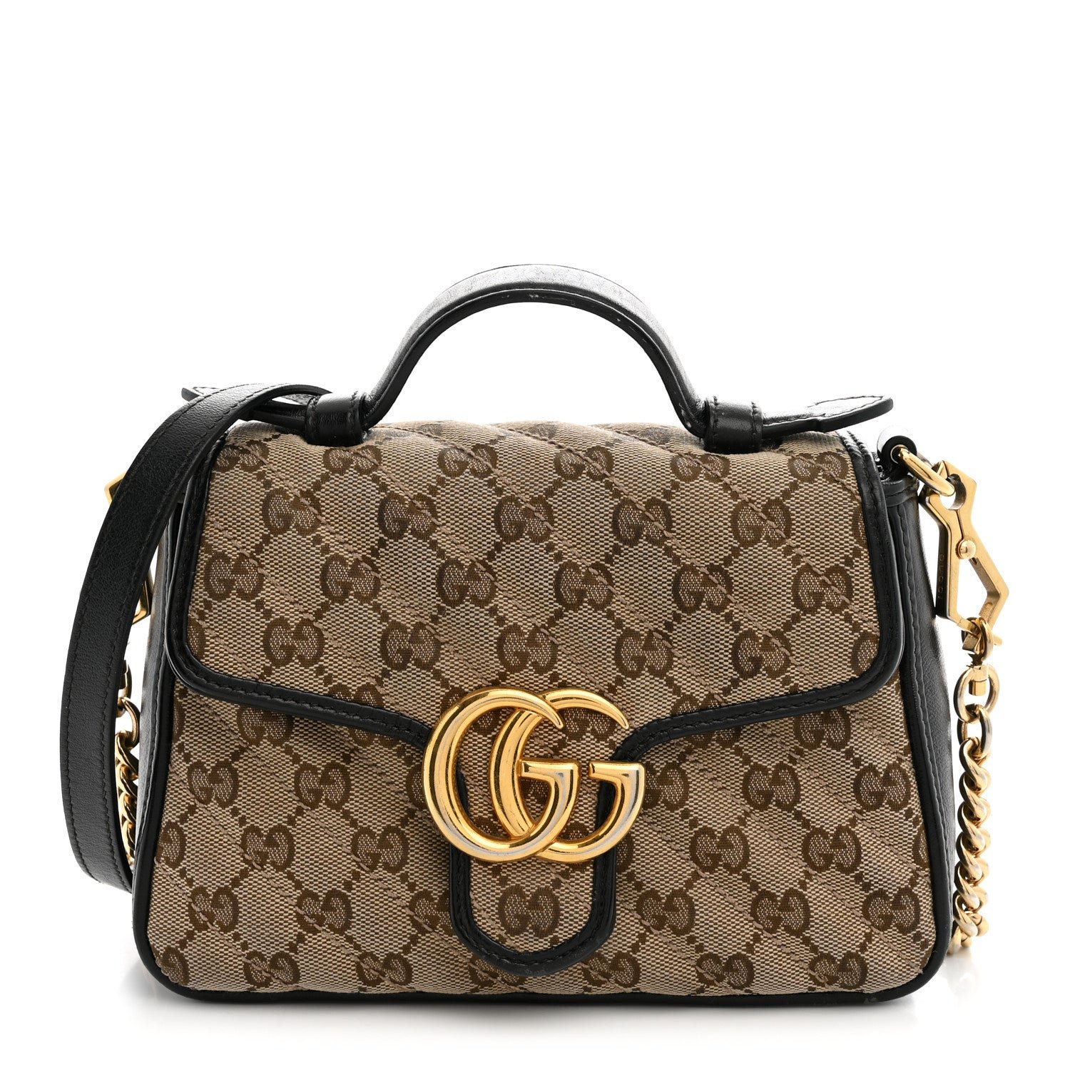 Gucci Monogram Azalea Calfskin Matelasse Diagonal Mini GG Marmont Top Handle Shoulder Bag Beige Ebony Black