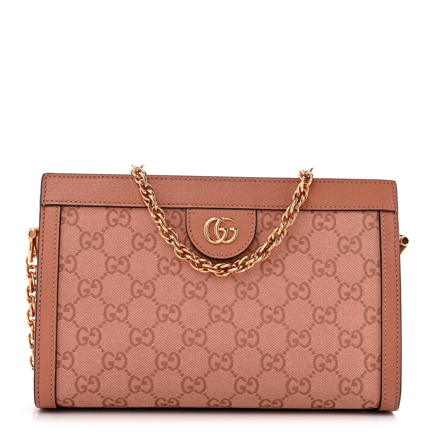 Gucci Monogram Textured Dollar Calfskin Small Ophidia Chain Shoulder Bag Cloche Rose Pink