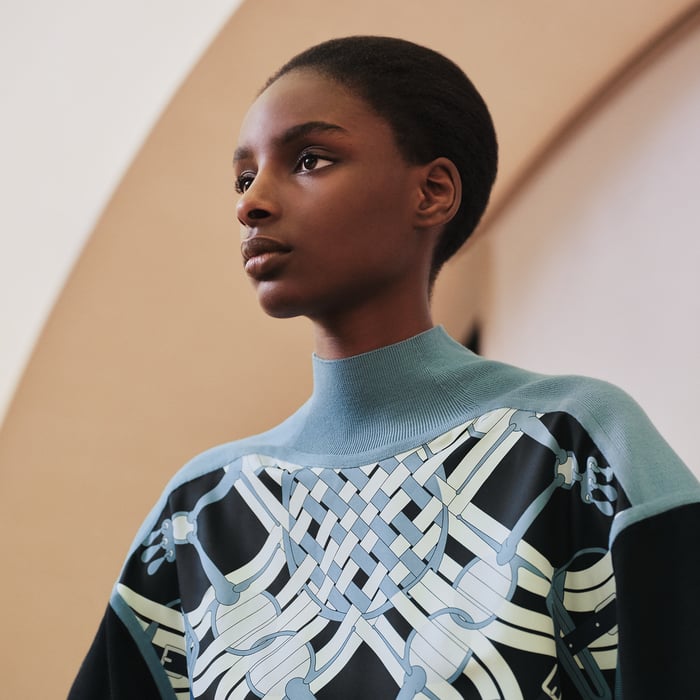 "Mors a Jouets Detoure" long-sleeve twillaine sweater