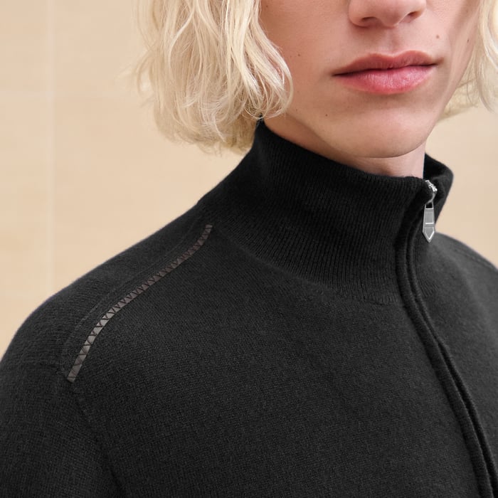 Noir Cashmere "Detail Cuir" Full-zip Sweater