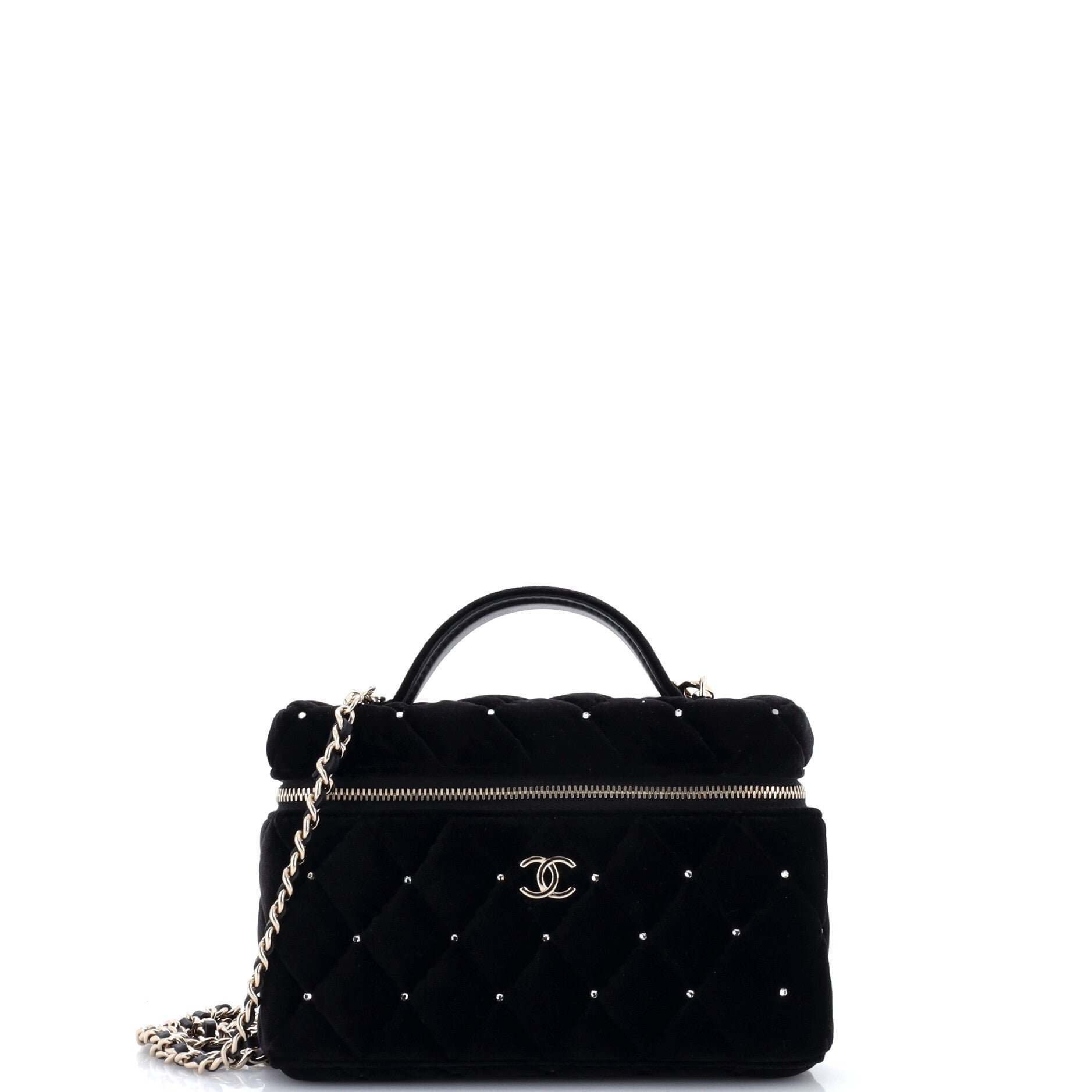 Classic Top Handle Slim Vanity Case with Chain Quilted Velvet with Crystals Small