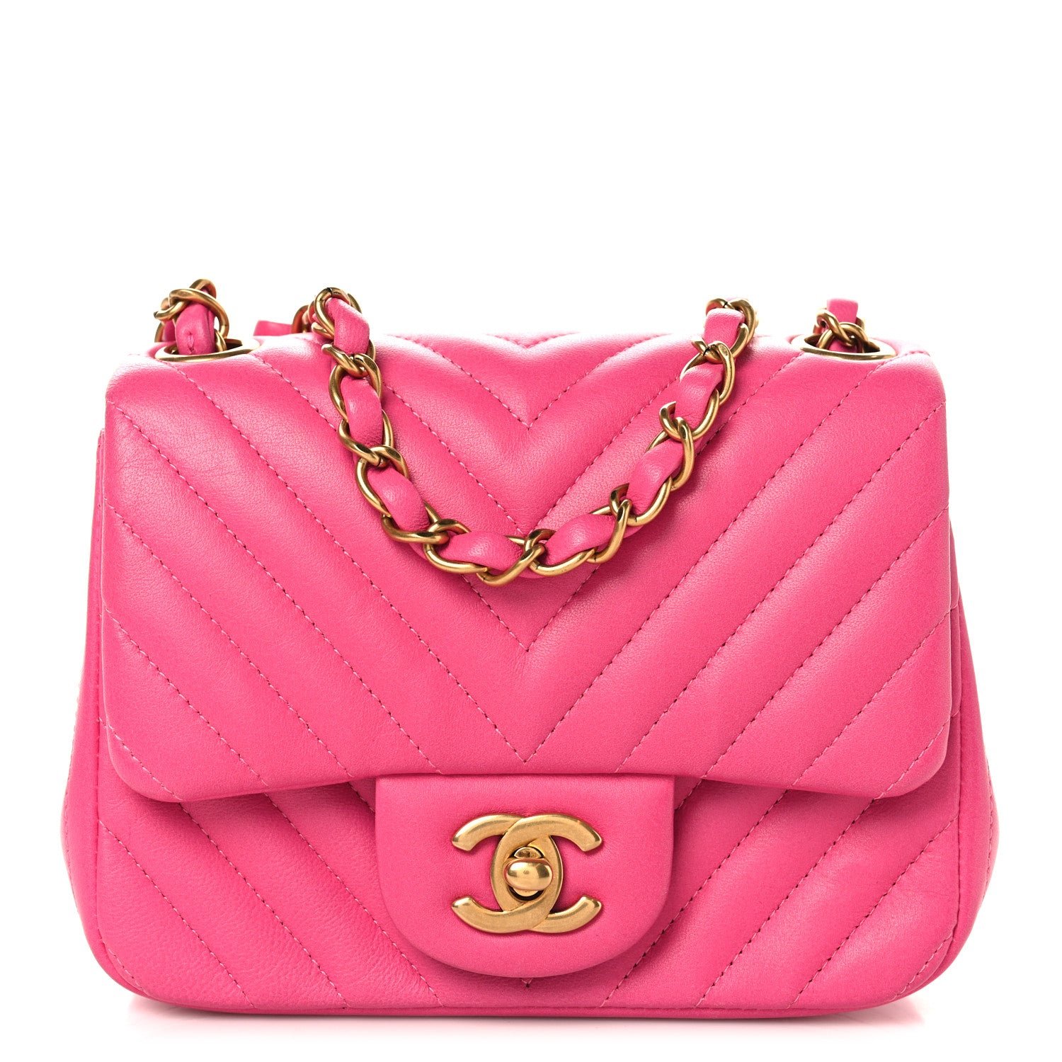 Chanel Lambskin Chevron Quilted Mini Square Flap  Pink