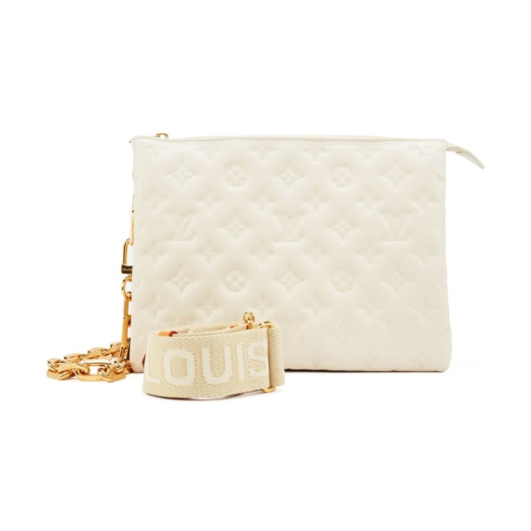 Louis Vuitton Cream Puffy Monogram Lambskin Coussin PM Gold Hardware, 2021