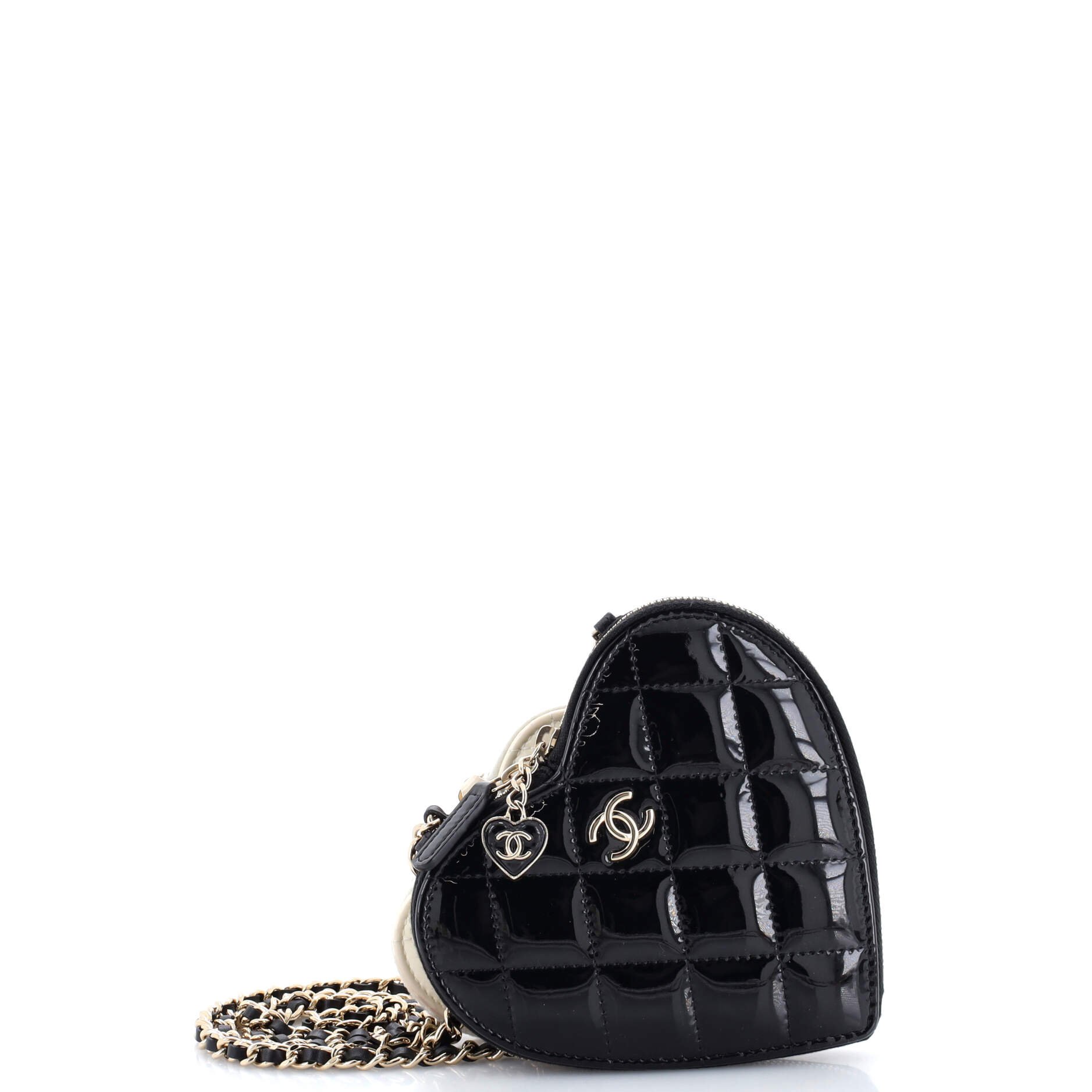 Chanel Double Heart Clutch with Chain Quilted Patent
