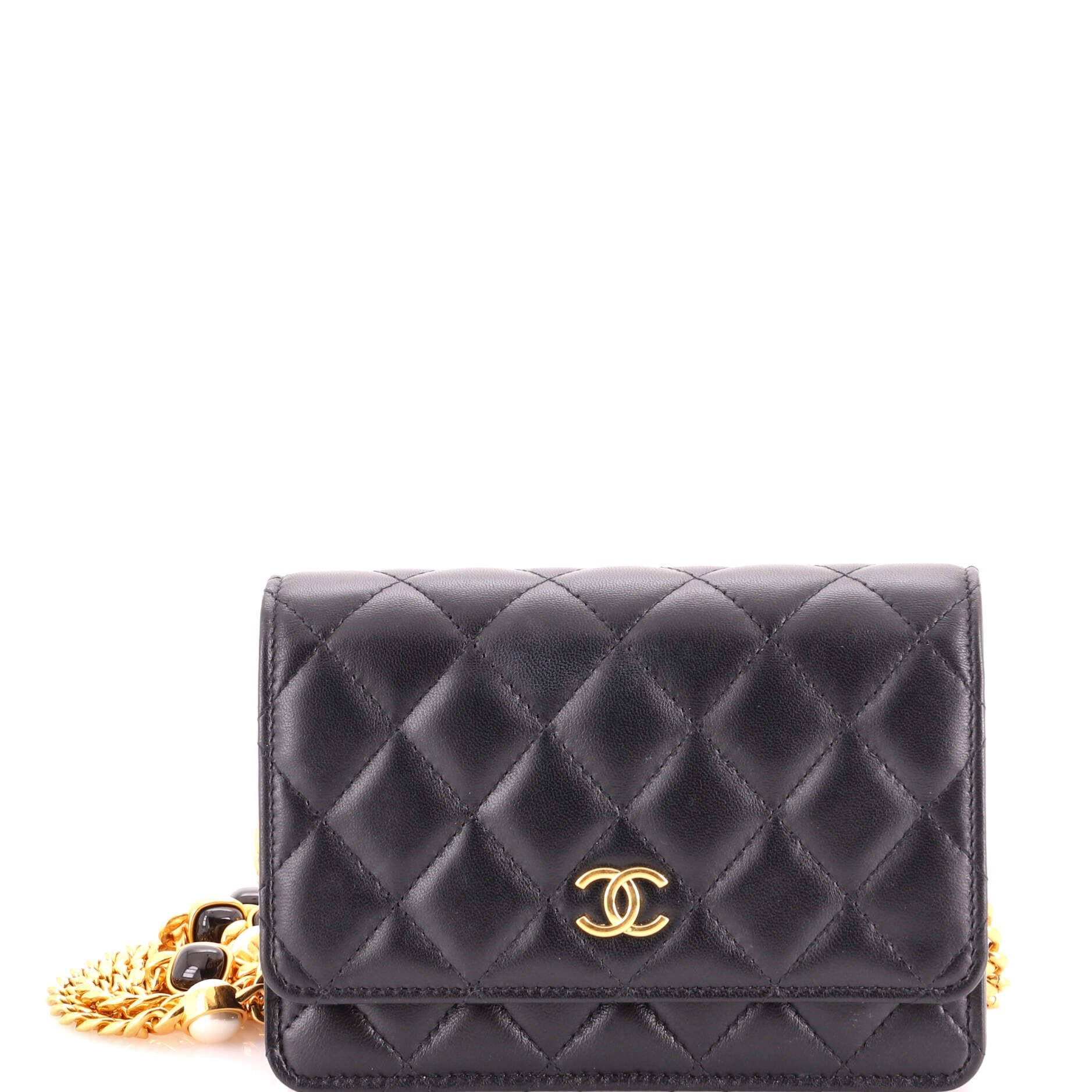Resin Pearl Chain Flap Bag Quilted Lambskin Mini