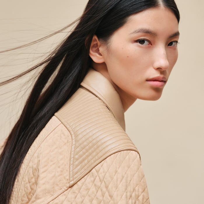 Beige Cajou Short Coat With Leather Details
