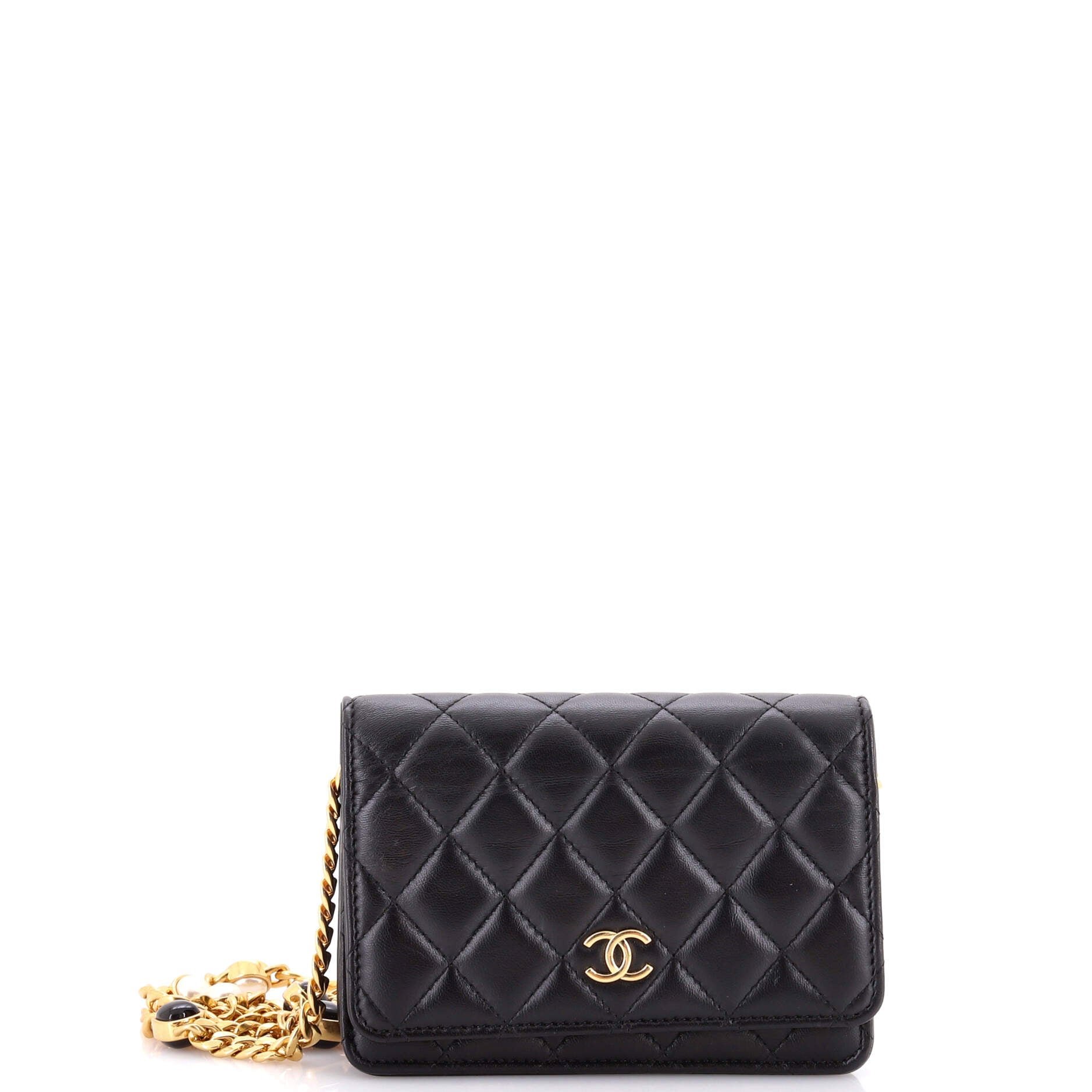 Resin Pearl Chain Flap Bag Quilted Lambskin Mini