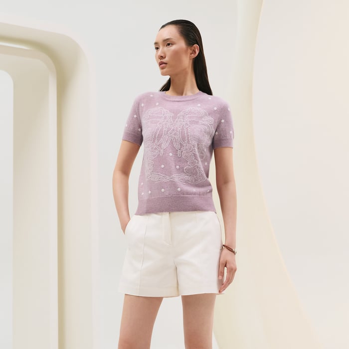Rose Pâle "Brides De Gala" Embroidered Short-sleeve Sweater