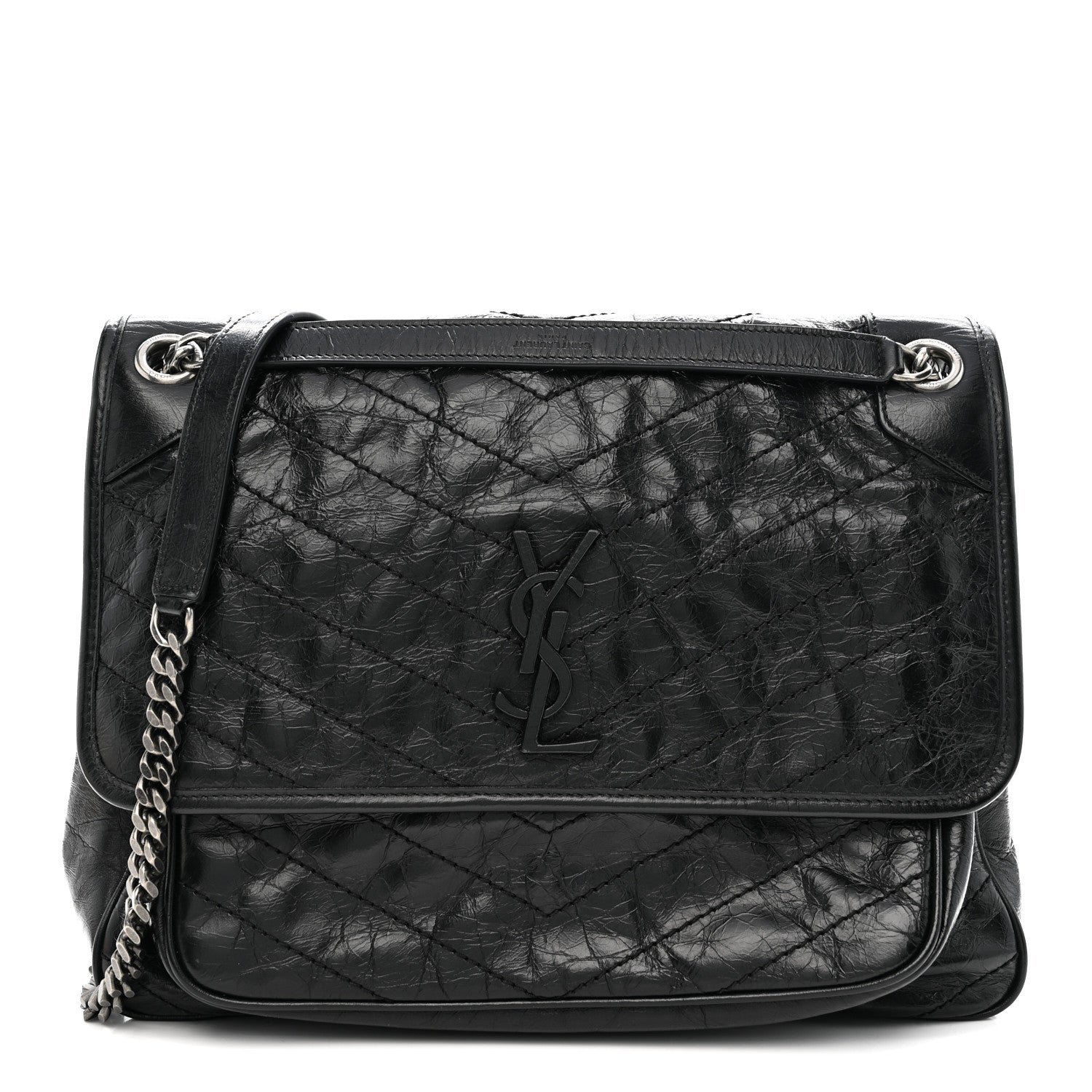 Saint Laurent Crinkled Calfskin Matelasse Monogram Large Niki Chain Satchel Black