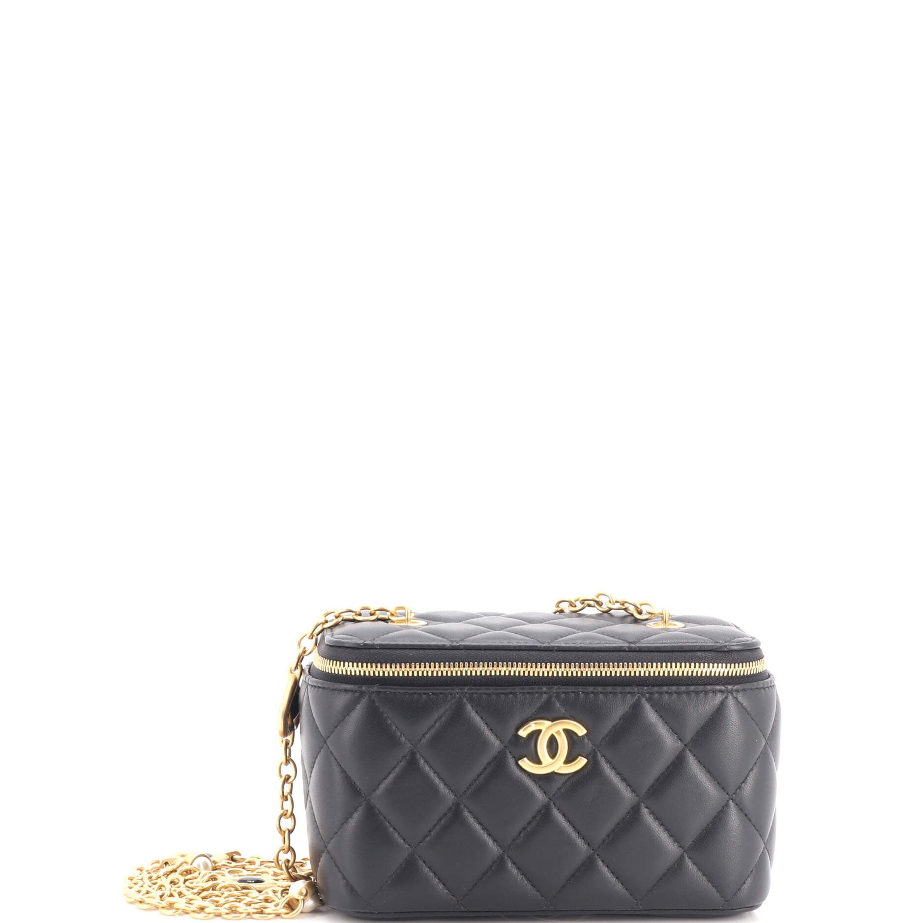 CC Enamel Pearl Charm Me Vanity Case with Chain Quilted Lambskin Small