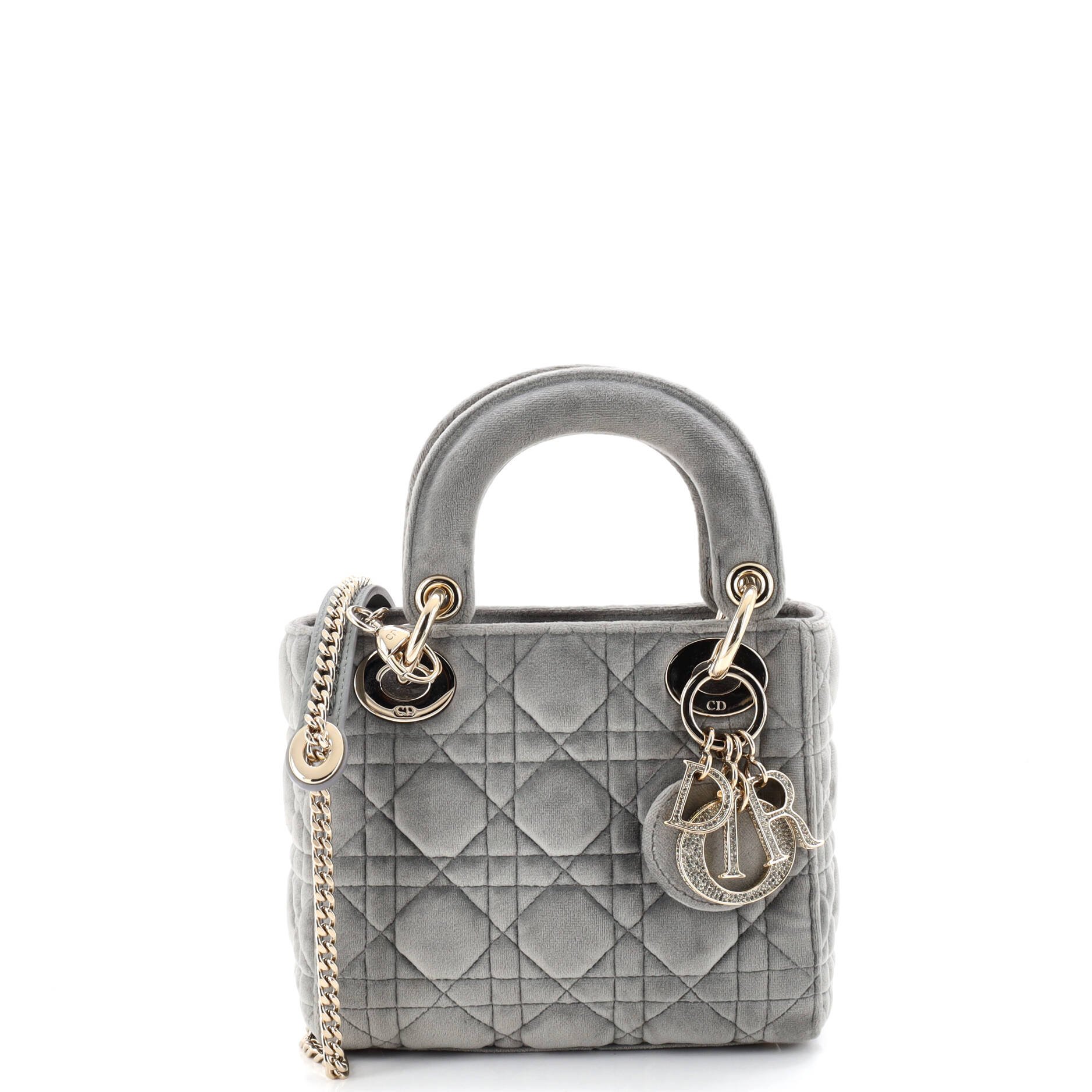 Dior Lady Dior Chain Bag Cannage Quilt Velvet with Crystal Charms Mini