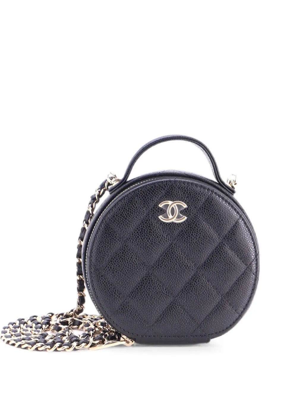 Handle with Care Round Vanity Case with Chain Quilted Caviar Small crossbody bag