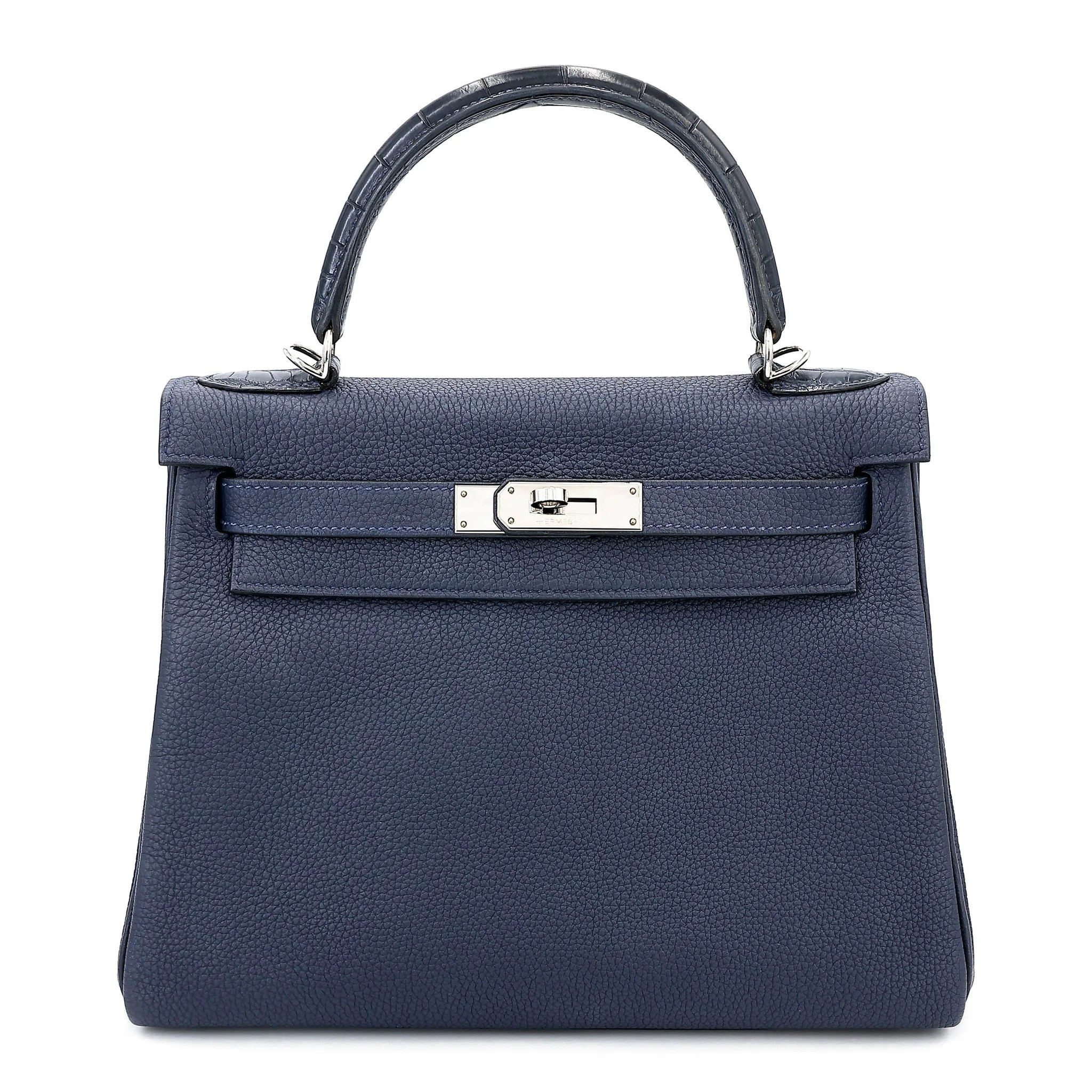 Very Good ( Rank A) HERMÈS Kelly 28 Touch Bleu Nuit (2Z) Togo Matte Alligator Palladium hardware C (2018)
