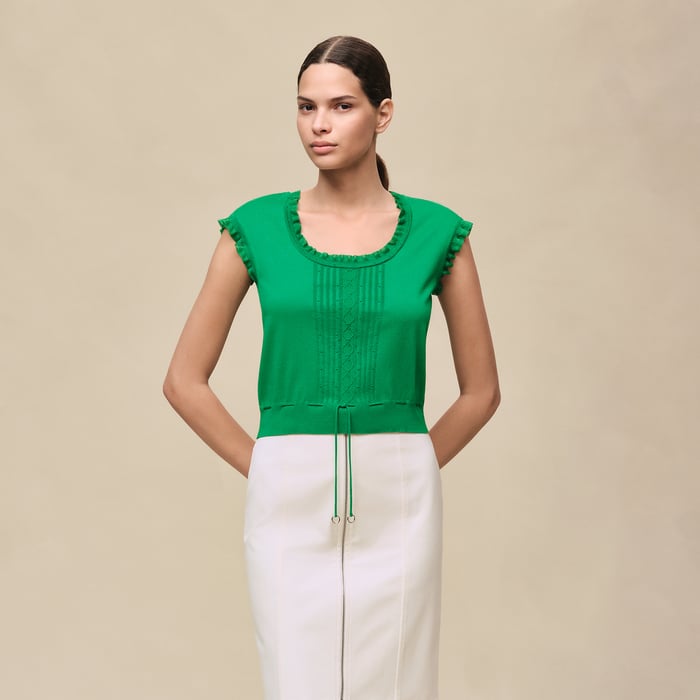 Vert Jungle Short-sleeve Sweater With Ruffled Details