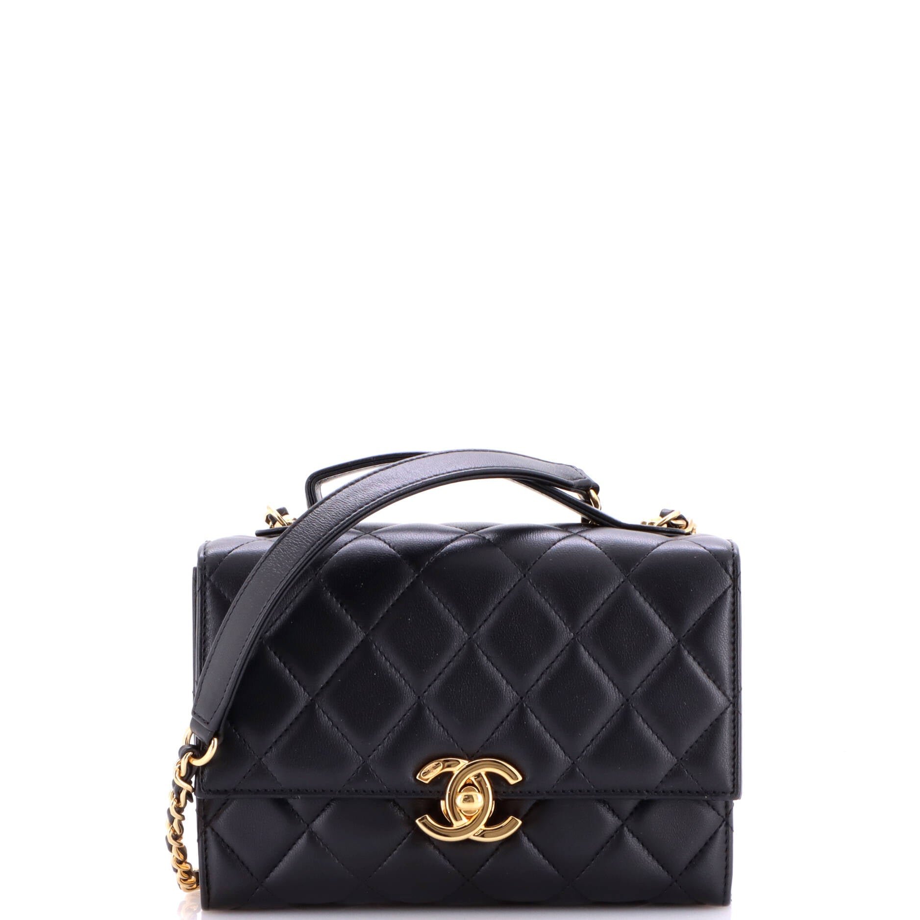 Golden Plate Top Handle Flap Bag Quilted Lambskin Mini