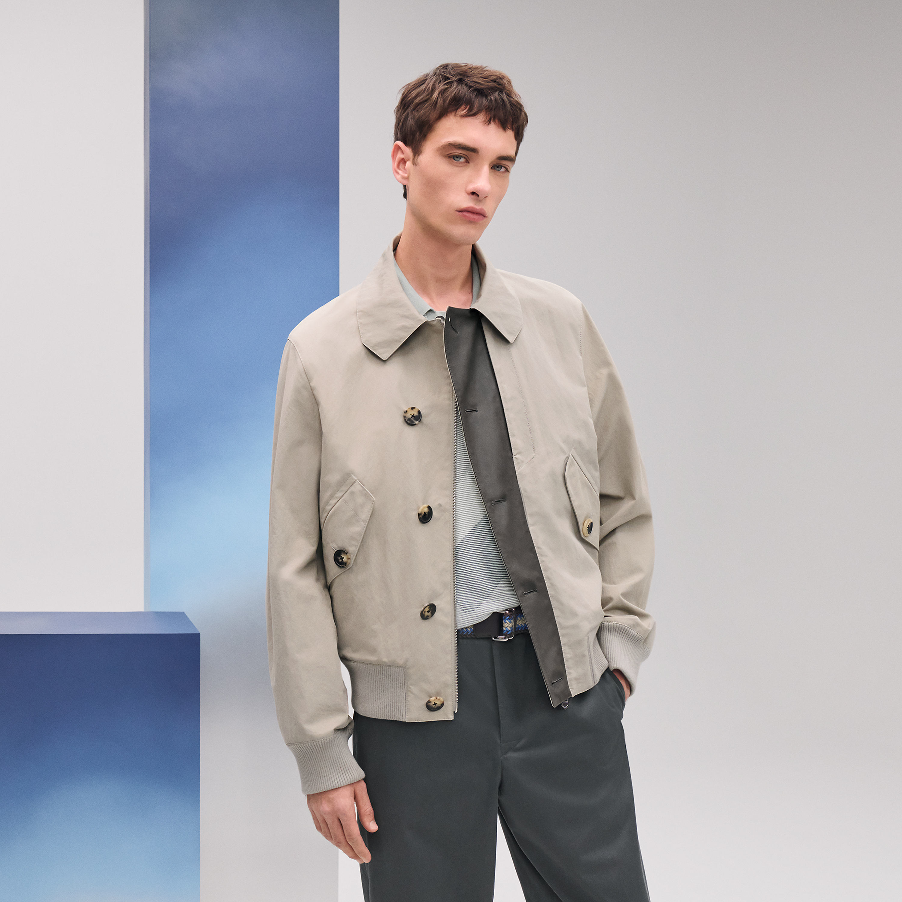 Rib-trim jacket with leather detail
