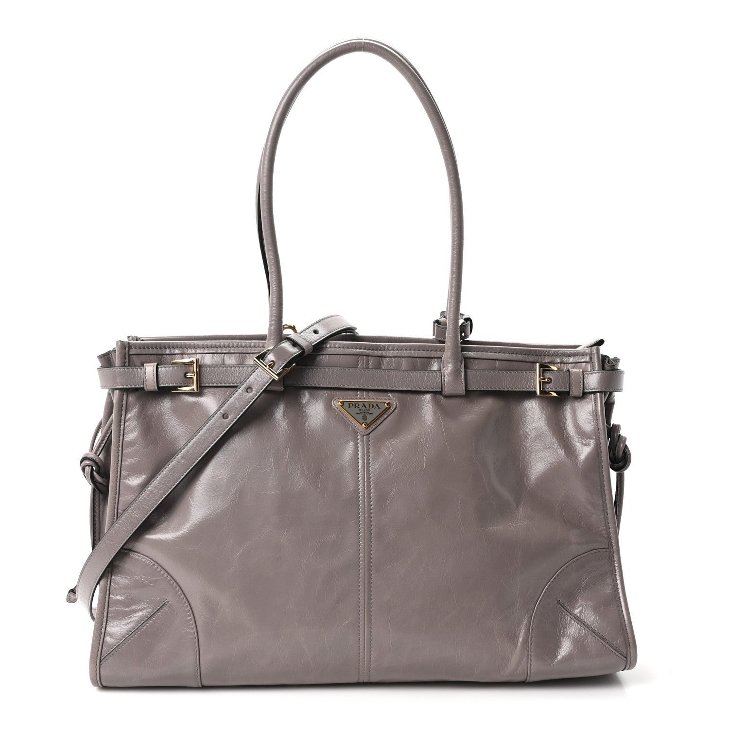 Prada Glossy Calfskin Triangle Large Bonnie Shoulder Bag Peltro