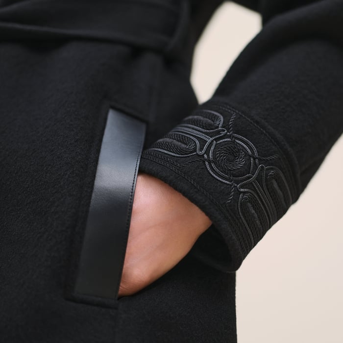 Noir Mixed Leather Embroidered Pea Coat
