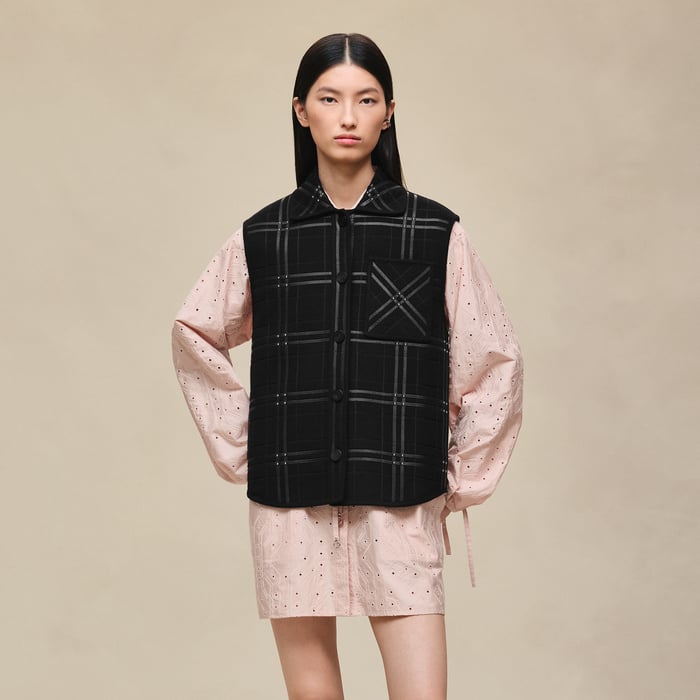 Noir Embroidered Short Vest With Leather Detail